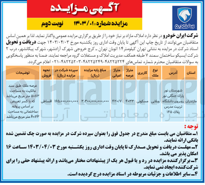 تصویر کوچک آگهی فروش املاک مازاد با کاربری مسکونی نوع ویلایی 