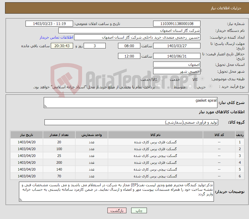 تصویر کوچک آگهی نیاز انتخاب تامین کننده-gasket spiral