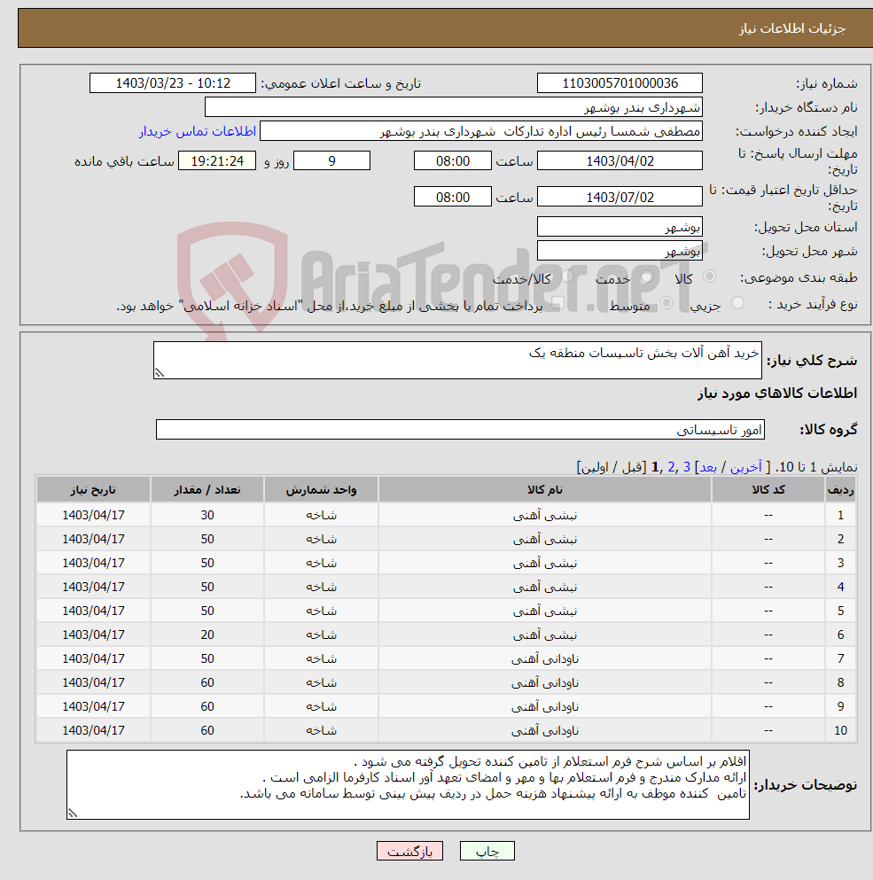 تصویر کوچک آگهی نیاز انتخاب تامین کننده-خرید آهن آلات بخش تاسیسات منطقه یک 