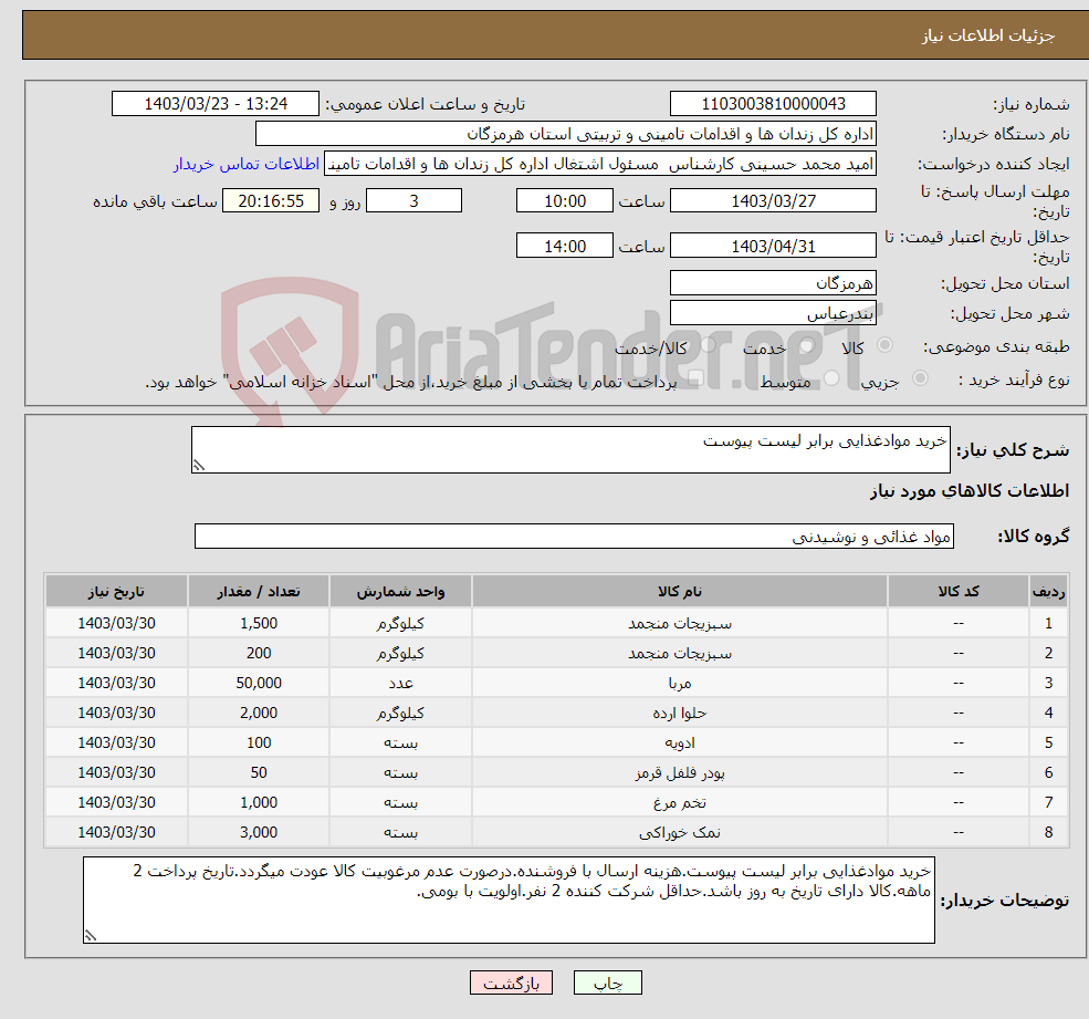 تصویر کوچک آگهی نیاز انتخاب تامین کننده-خرید موادغذایی برابر لیست پیوست