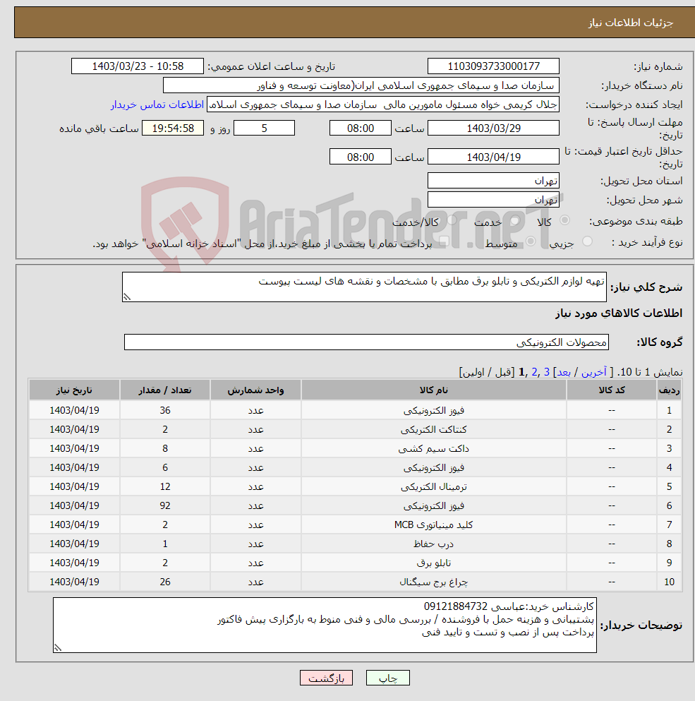 تصویر کوچک آگهی نیاز انتخاب تامین کننده-تهیه لوازم الکتریکی و تابلو برق مطابق با مشخصات و نقشه های لیست پیوست
