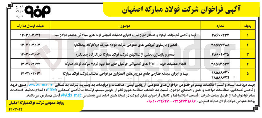 تصویر کوچک آگهی تعمیر و بازسازی بخشی از غلتکهای شرکت فولاد مبارکه در کارگاه پیمانکار 
