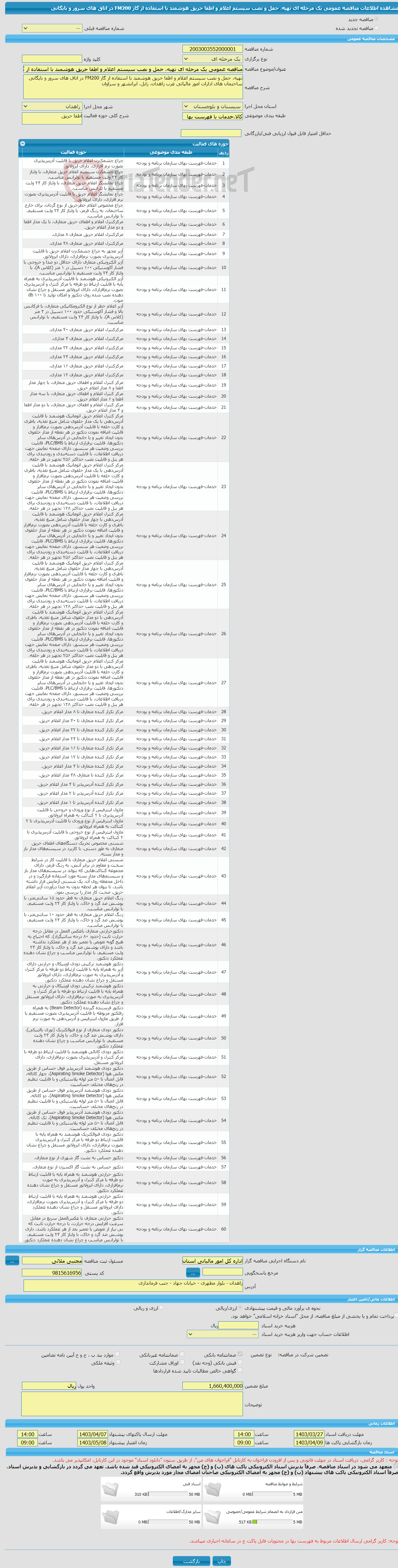 تصویر کوچک آگهی مناقصه عمومی یک مرحله ای تهیه، حمل و نصب سیستم اعلام و اطفا حریق هوشمند با استفاده از گاز FM200 در اتاق های سرور و بایگانی