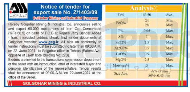 تصویر کوچک آگهی announces selling and export 60.000 metric tons of Iron Ore Concentrate (%Fe:66.5) on basis of F.O.B 