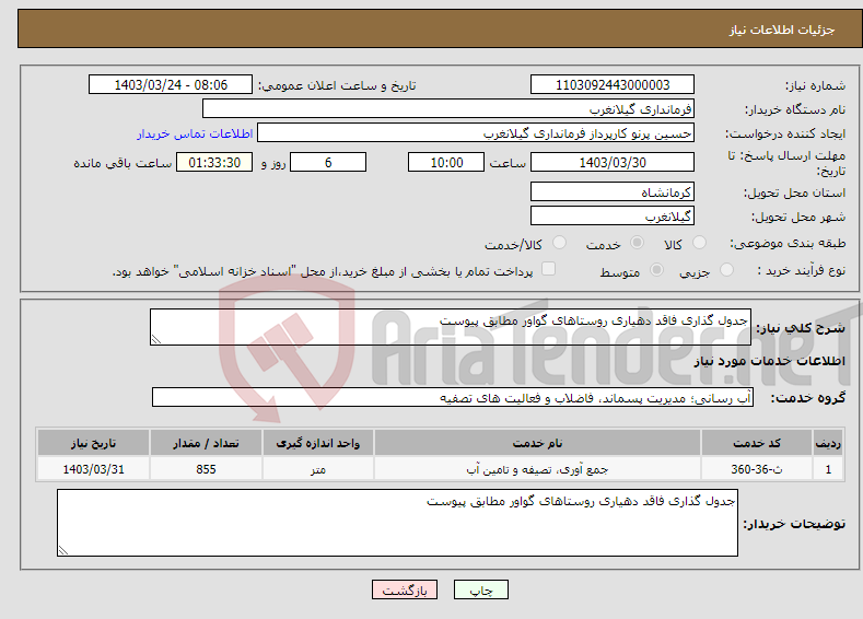 تصویر کوچک آگهی نیاز انتخاب تامین کننده-جدول گذاری فاقد دهیاری روستاهای گواور مطابق پیوست