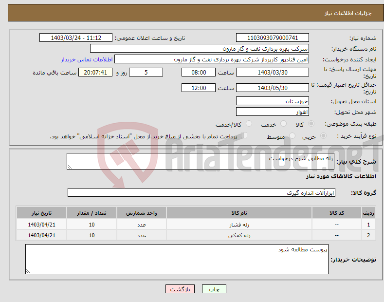 تصویر کوچک آگهی نیاز انتخاب تامین کننده-رله مطابق شرح درخواست