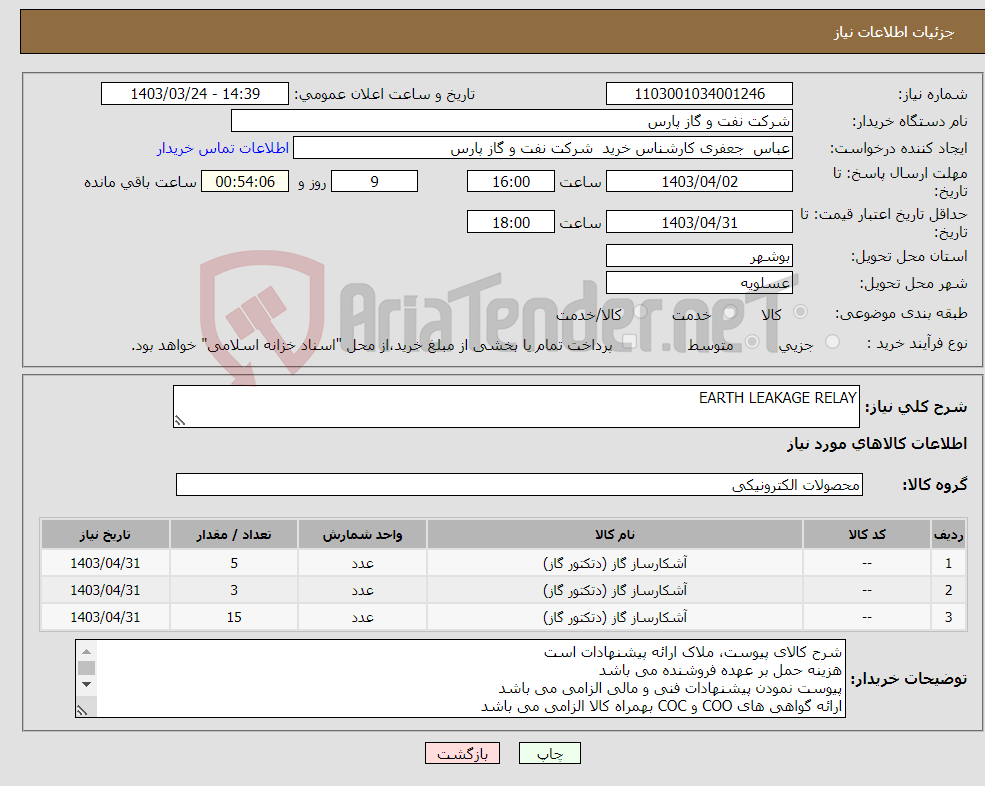 تصویر کوچک آگهی نیاز انتخاب تامین کننده-EARTH LEAKAGE RELAY