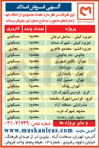 تصویر کوچک آگهی فروش تعداد محدودی از املاک با کاربری مسکونی و تجاری