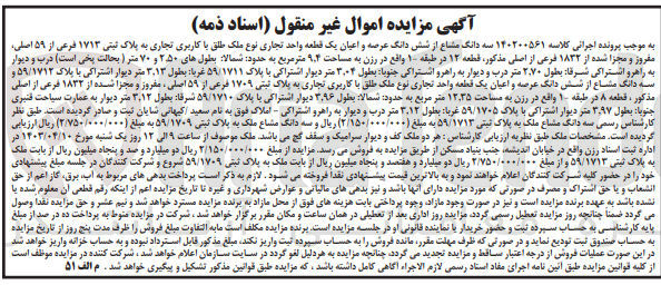 تصویر کوچک آگهی پرونده اجرایی کلاسه 140200561
سه دانگ مشاع از ششدانگ عرصه و اعیان یک قطعه واحد تجاری با کاربری تجاری به پلاک ثبتی 1713 فرعی از 59 اصلی