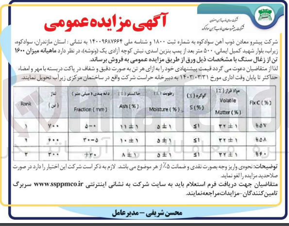 تصویر کوچک آگهی فروش میزان 1600 تن از زغال سنگ 
