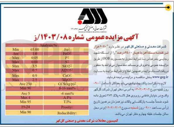 تصویر کوچک آگهی فروش 6070 هزار تن گندله سنگ آهن با عیار 65،00 درصد از اسکله شهید رجایی بندرعباس با شرایط تحویل به صورت fob