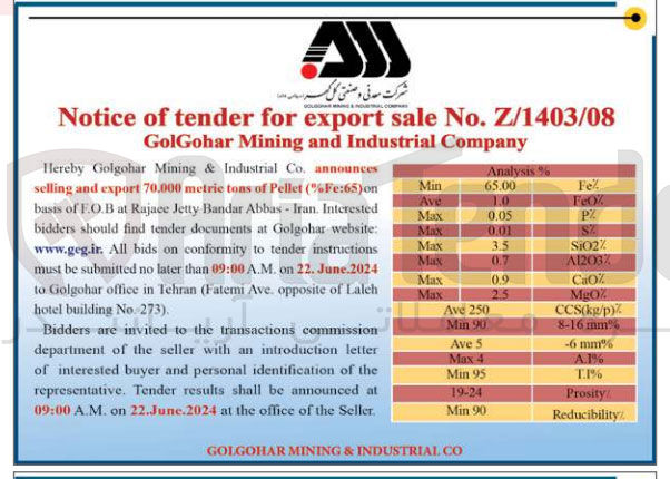 تصویر کوچک آگهی announces selling and export 70.000 metric tons of pellet (fe%65) on basis of F.O.B bandar abbas-iran