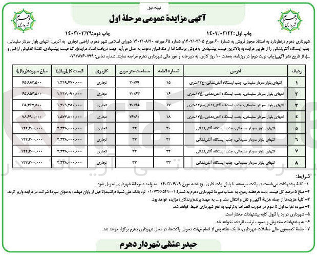 تصویر کوچک آگهی فروش زمین در 8ردیف با کاربری تجاری واقع در انتهای بلوار سردار سلیمانی جنب ایستگاه آتش نشانی 