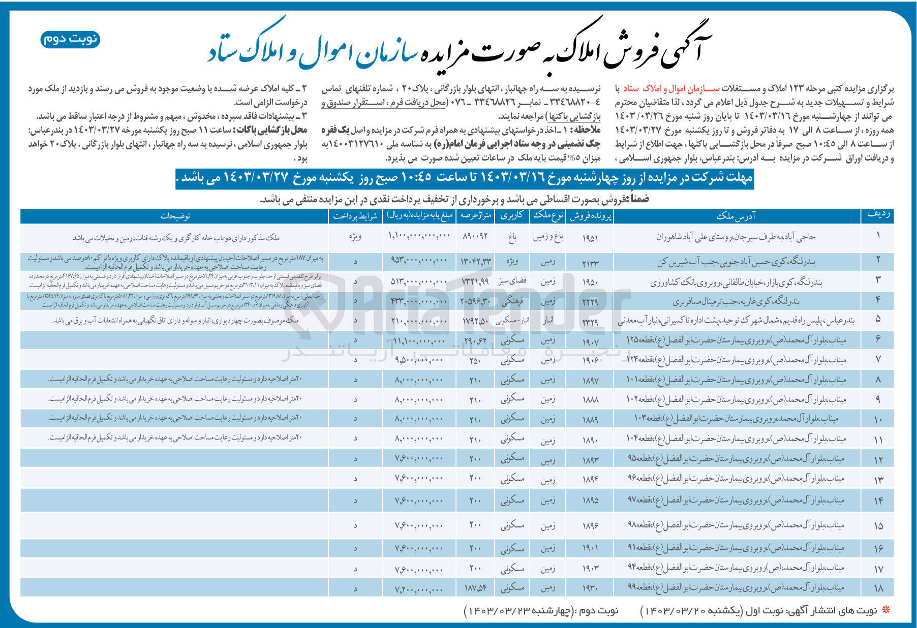 تصویر کوچک آگهی فروش املاک و مستغلات در 18 ردیف باکاربری باغ-زمین -فضای سبز-فرهنگی -انبار،مسکونی -مسکونی -
