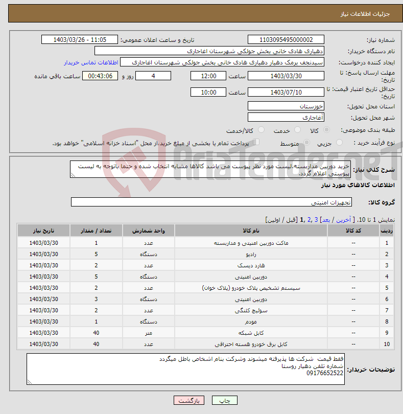 تصویر کوچک آگهی نیاز انتخاب تامین کننده-خرید دوربین مداربسته.لیست مورد نظر پیوست می باشد کالاها مشابه انتخاب شده و حتما باتوجه به لیست پیوستی اعلام گردد.