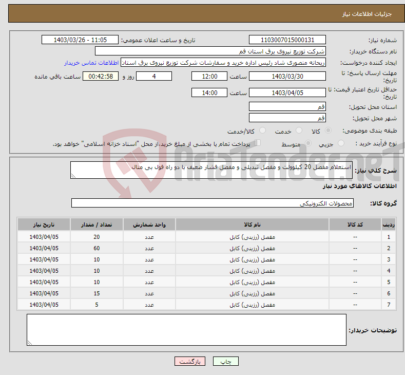 تصویر کوچک آگهی نیاز انتخاب تامین کننده-استعلام مفصل 20 کیلوولت و مفصل تبدیلی و مفصل فشار ضعیف با دو راه فول بی متال 