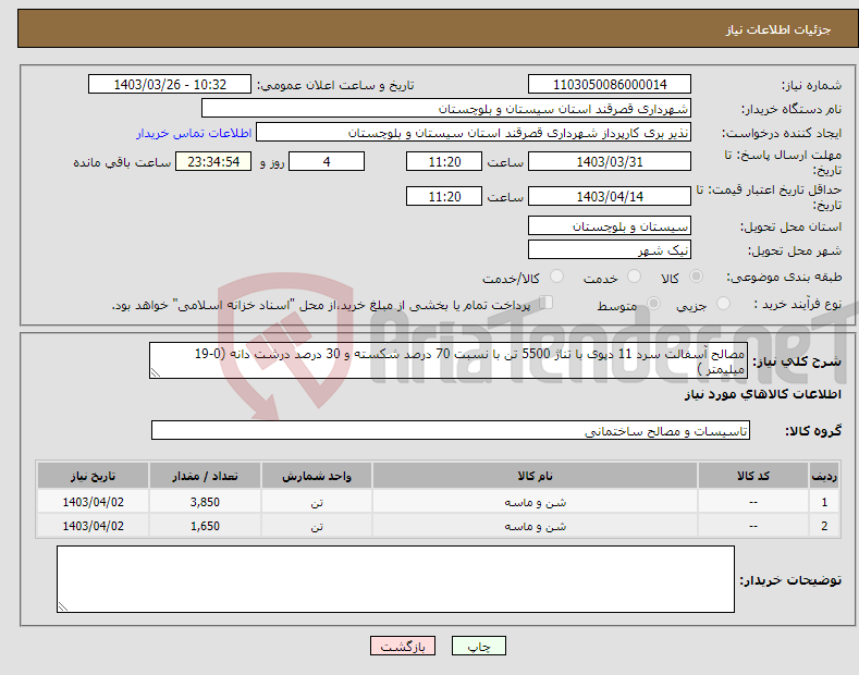 تصویر کوچک آگهی نیاز انتخاب تامین کننده-مصالح آسفالت سرد 11 دپوی با تناژ 5500 تن با نسبت 70 درصد شکسته و 30 درصد درشت دانه (0-19 میلیمتر )