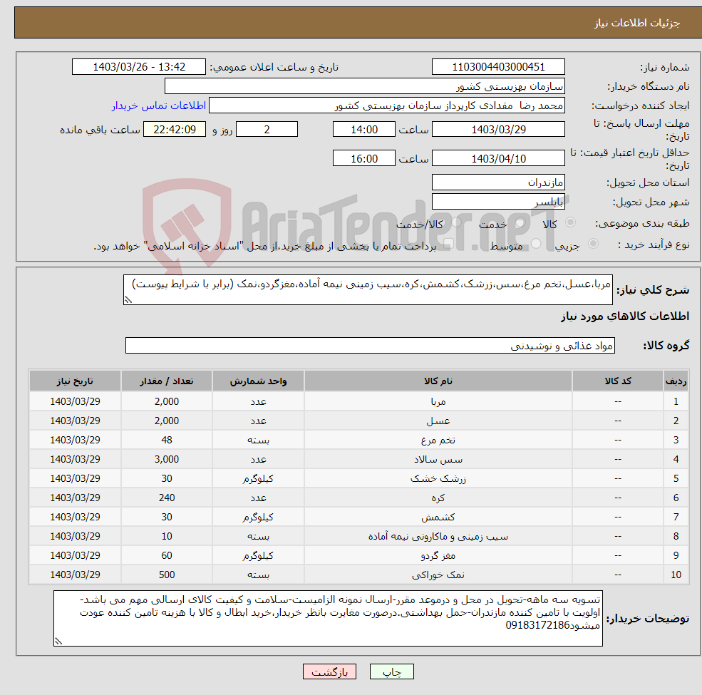 تصویر کوچک آگهی نیاز انتخاب تامین کننده-مربا،عسل،تخم مرغ،سس،زرشک،کشمش،کره،سیب زمینی نیمه آماده،مغزگردو،نمک (برابر با شرایط پیوست)