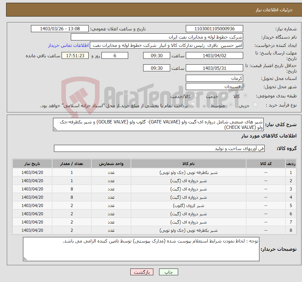 تصویر کوچک آگهی نیاز انتخاب تامین کننده-شیر های صنعتی شامل دروازه ای-گیت ولو (GATE VALVAE)- گلوب ولو (GOLBE VALVE) و شیر یکطرفه-چک ولو (CHECK VALVE)