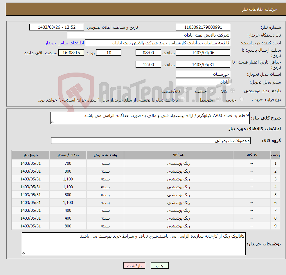 تصویر کوچک آگهی نیاز انتخاب تامین کننده-9 قلم به تعداد 7200 کیلوگرم / ارائه پیشنهاد فنی و مالی به صورت جداگانه الزامی می باشد 