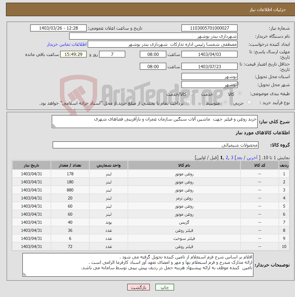 تصویر کوچک آگهی نیاز انتخاب تامین کننده-خرید روغن و فیلتر جهت ماشین آلات سنگین سازمان عمران و بازآفرینی فضاهای شهری 