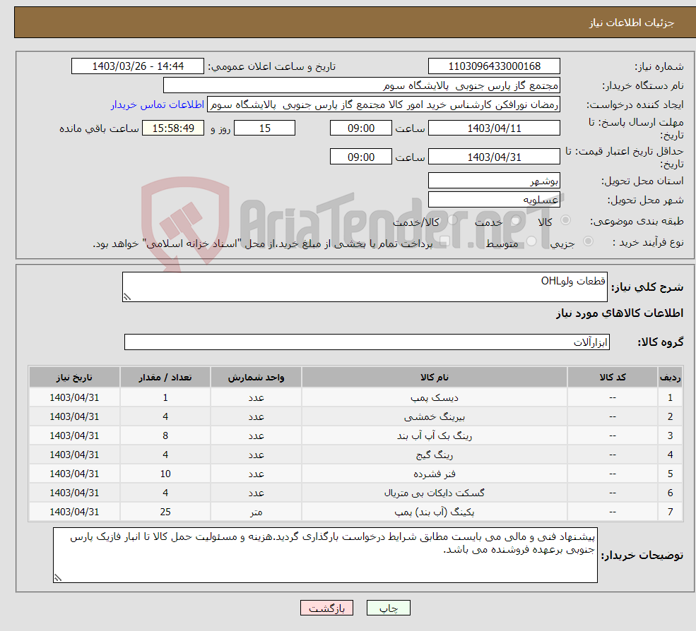تصویر کوچک آگهی نیاز انتخاب تامین کننده-قطعات ولوOHL