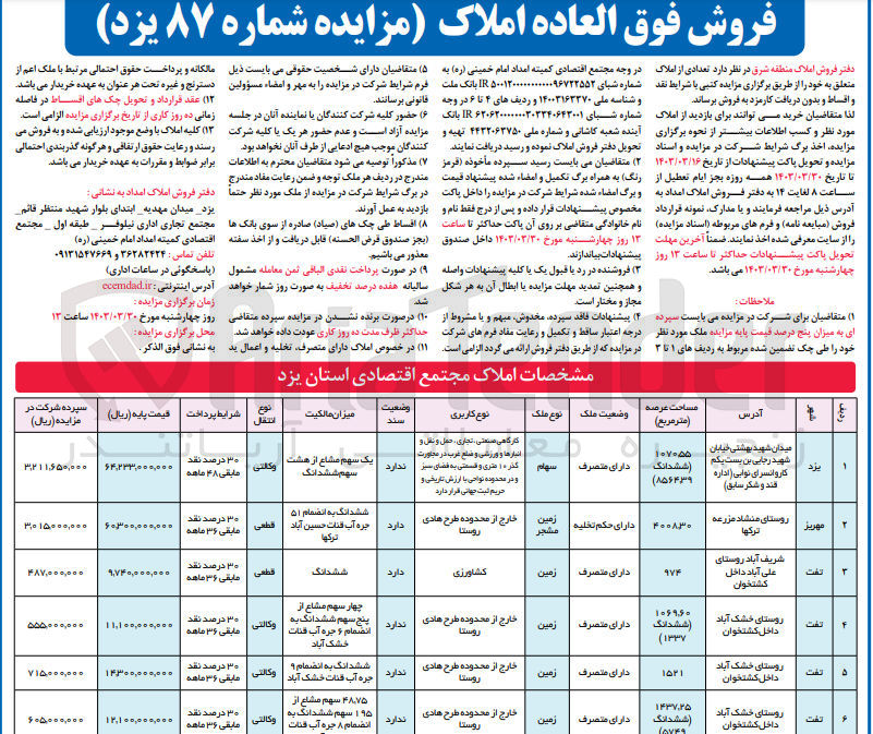 تصویر کوچک آگهی فروش املاک منطقه شرق در 6 ردیف با کاربری کشاورزی،خارج از محدوده طرح هادی روستا
کارگاهی صنعتی تجاری حمل و نقل و انبارها و ورزشی و...(نوع ملک سهام)