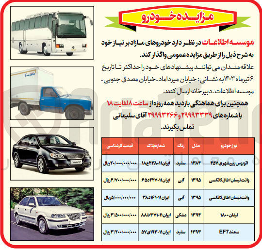 تصویر کوچک آگهی فروش خودروهای مازاد :
1- اتوبوس بین شهری ۴۵۷ مدل ۱۳۸۴ رنگ سفید ایران ۱۱-۱۸ع۲۳۸
2- وانت نیسان اطاق کانکسی مدل ۱۳۹۵ رنگ آبی ایران ۱۱-۶۵د۲۲۷ 
3- وانت نیسان اطاق کانکسی مدل ۱۳۹۵ رنگ آبی ایران ۱۱-۳۸د۱۶۱
4- لیفان ۱۸۰۰ مدل ۱۳۹۴ رنگ مشکی ایران ۱۱-۸۸ط۳۷۱
5- سمند EF7 مدل ۱۳۹۳ رنگ سفید ایران ۱۱-۱۹۳ی ۵۷ 