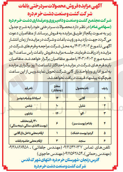 تصویر کوچک آگهی فروش محصولات سر درختی :
گلابی - شلیل - الو - بادام (پوست سبز) - گردو (پوست خشک) - سنجد