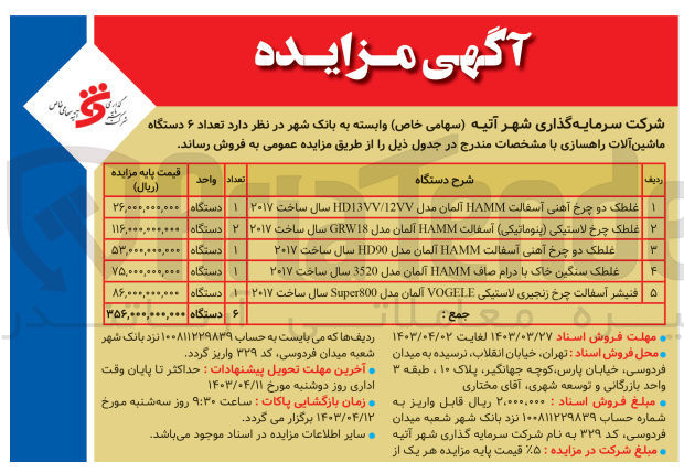تصویر کوچک آگهی تعداد ۶ دستگاه ماشین آلات راهسازی :
1- غلطک دو چرخ آهنی آسفالت HAMM آلمان مدل HD13VV/12VV سال ساخت ۲۰۱۷
2-  غلطک چرخ لاستیکی (پنوماتیکی) آسفالت HAMM آلمان مدل GRW18 سال ساخت ۲۰۱۷
3- غلطک دو چرخ آهنی آسفالت HAMM آلمان مدل HD90 سال ساخت ۲۰۱۷ 
4- غلطک سنگین خاک با درام صاف HAMM آلمان مدل 3520 سال ساخت ۲۰۱۷ 
5-  فنیشر آسفالت چرخ زنجیری لاستیکی VOGELE آلمان مدل Super800 سال ساخت ۲۰۱۷ 