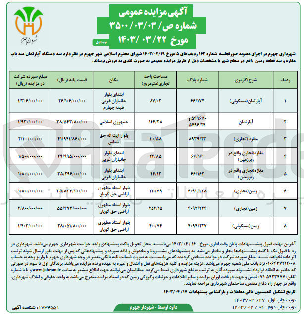 تصویر کوچک آگهی فروش سه دستگاه آپارتمان ،سه باب مغازه و سه قطعه زمین با کاربری مسکونی -تجاری 