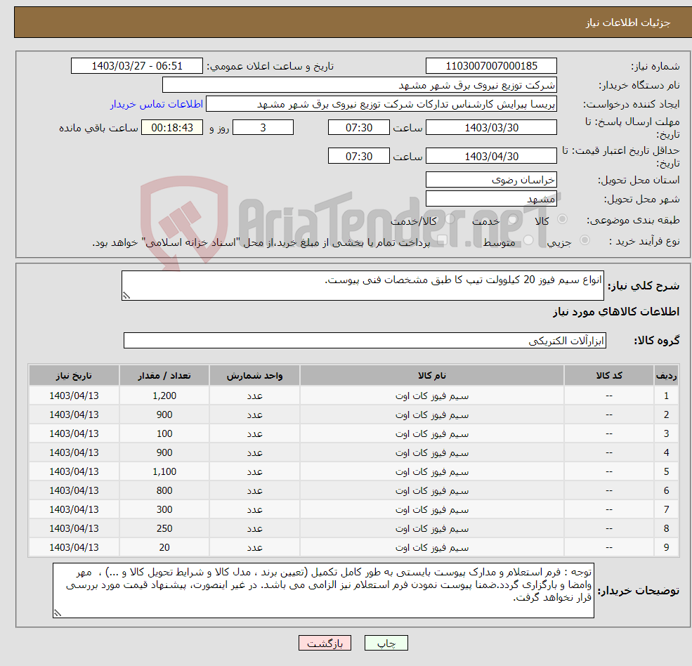 تصویر کوچک آگهی نیاز انتخاب تامین کننده-انواع سیم فیوز 20 کیلوولت تیپ کا طبق مشخصات فنی پیوست.