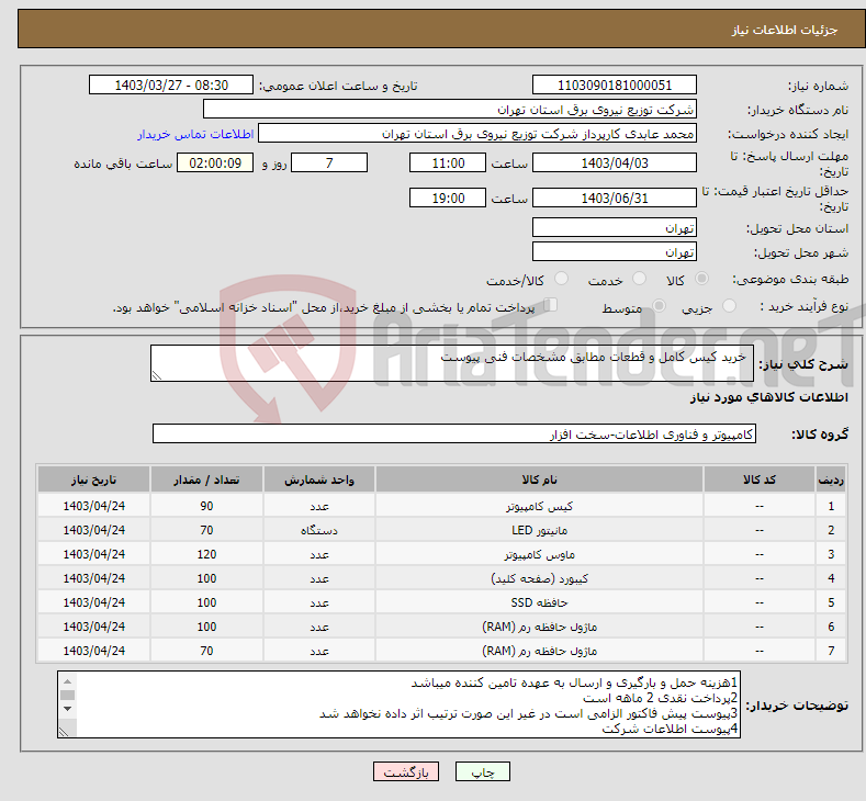 تصویر کوچک آگهی نیاز انتخاب تامین کننده- خرید کیس کامل و قطعات مطابق مشخصات فنی پیوست