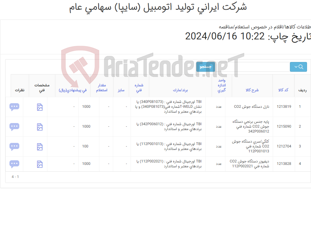 تصویر کوچک آگهی تامین چهار ردیف کالاهای یدکی دستگاه جوش
