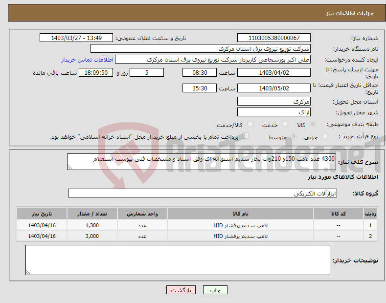 تصویر کوچک آگهی نیاز انتخاب تامین کننده-4300 عدد لامپ 150و 210وات بخار سدیم استو.انه ای وفق اسناد و مشخصات فنی پیوست استعلام 