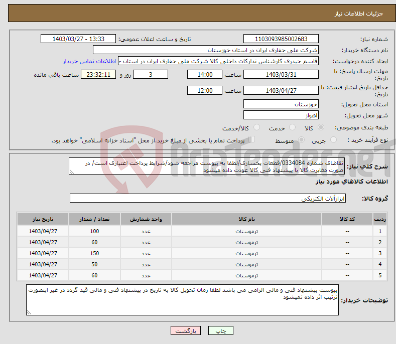 تصویر کوچک آگهی نیاز انتخاب تامین کننده-تقاضای شماره 0334084/قطعات یخسازی/لطفا به پیوست مراجعه شود/شرایط پرداخت اعتباری است/ در صورت مغایرت کالا با پیشنهاد فنی کالا عودت داده میشود