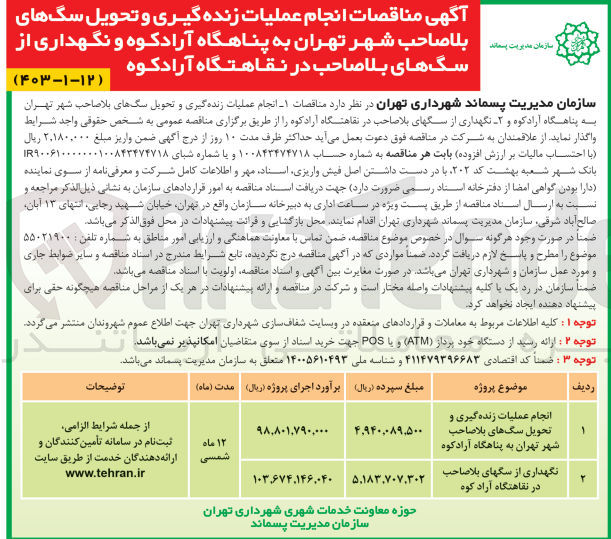 تصویر کوچک آگهی نگهداری از سگهای بلاصاحب در نقاهتگاه آراد کوه