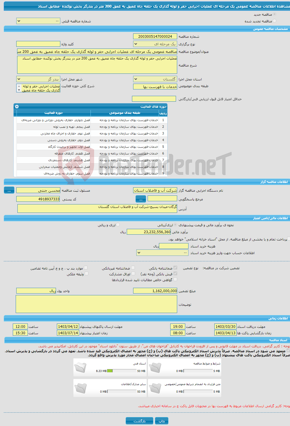 تصویر کوچک آگهی مناقصه عمومی یک مرحله ای عملیات اجرایی حفر و لوله گذاری یک حلقه چاه عمیق به عمق 200 متر در بندرگز بخش نوکنده -مطابق اسناد