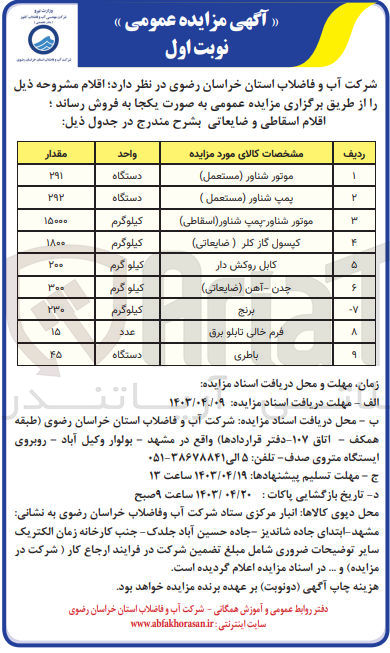 تصویر کوچک آگهی فروش اقلام :
1- موتور شناور (مستعمل)
2- پمپ شناور (مستعمل )
3- موتور شناور - پمپ شناور (اسقاطی)
4- کپسول گاز کلر ( ضایعاتی)
5- کابل روکش دار
6- چدن - آهن (ضایعاتی)
7- برنج
8- فرم خالی تابلو برق
9- باطری