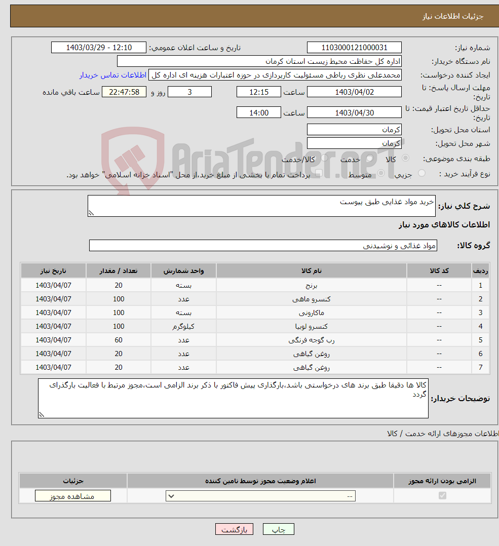 تصویر کوچک آگهی نیاز انتخاب تامین کننده-خرید مواد غذایی طبق پیوست