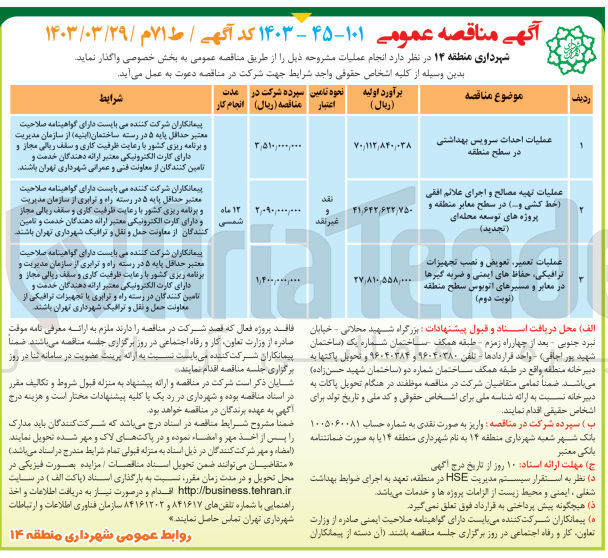 تصویر کوچک آگهی عملیات تهیه مصالح و اجرای علائم افقی (خط کشی و...) در سطح معابر منطقه و پروژه های توسعه محله ای 