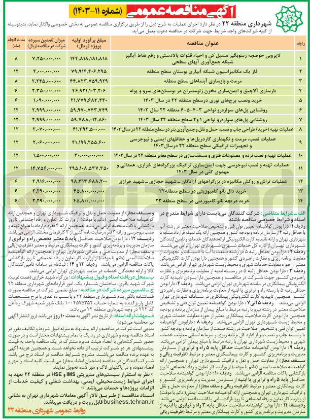تصویر کوچک آگهی عملیات نصب ،مرمت و نگهداری گاردریل ها و حفاظهای ایمنی و نیوجرسی و تجهیزات ترافیکی سطح منطقه 22 در سال 1403