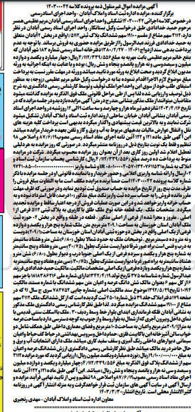 تصویر کوچک آگهی پرونده اجرایی کلاسه:140300042
فروش 4112 سهم مشاع از مقسم 19100 سهم ششدانگ پلاک ثبتی1/5112