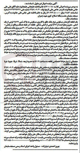 تصویر کوچک آگهی پرونده اجرایی کلاسه :140100180
فروش یک قطعه آپارتمان مسکونی با کاربری مسکونی به پلاک ثبتی 25127