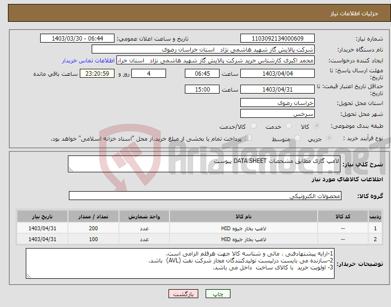 تصویر کوچک آگهی نیاز انتخاب تامین کننده-لامپ گازی مطابق مشخصات DATA SHEET پیوست 