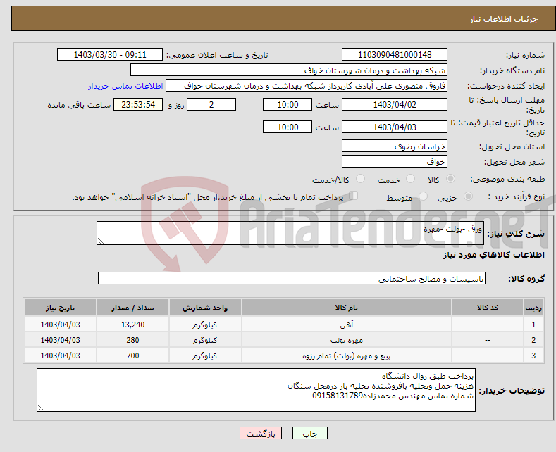 تصویر کوچک آگهی نیاز انتخاب تامین کننده-ورق -بولت -مهره 