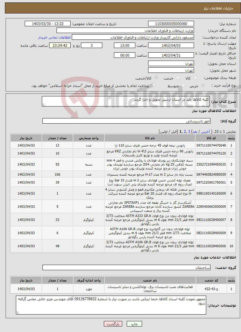 تصویر کوچک آگهی نیاز انتخاب تامین کننده-کلیه کالاها باید در استان اردبیل تحویل و اجرا گردد 