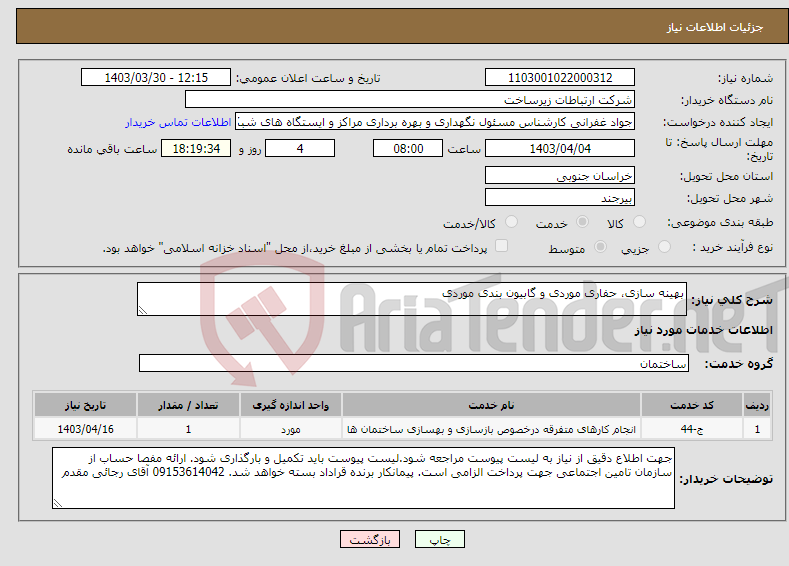 تصویر کوچک آگهی نیاز انتخاب تامین کننده-بهینه سازی، حفاری موردی و گابیون بندی موردی