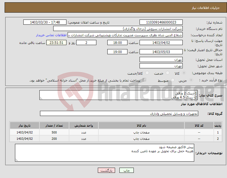 تصویر کوچک آگهی نیاز انتخاب تامین کننده-1-زینک 2 ورقی 2- زینک 4.5 ورقی