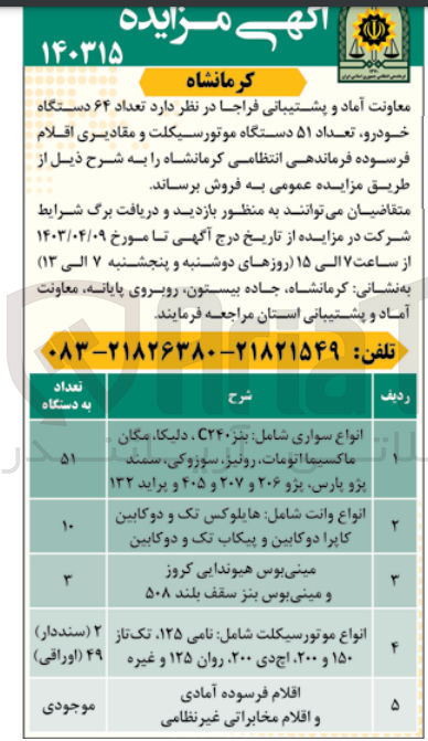تصویر کوچک آگهی فروش تعداد 64 دستگاه خودرو ،تعداد 51 دستگاه موتور سیکلت و مقادیری اقلام فرسوده فرماندهی انتظامی